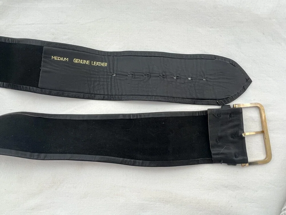 Handmade Wide Genuine Leather Belt Womens Med Black Waist Cinch Statement Buckle